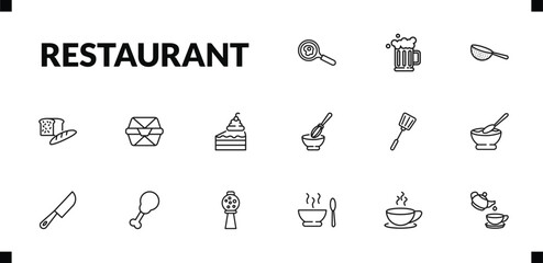 Naklejka premium outline restaurant icons set. editable linear foamy beer jar, strainer with handle, load of bread, and other 12 icons in this category isolated on transparent background.