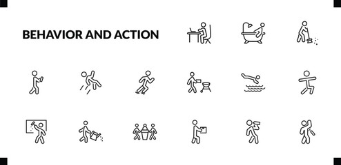outline behavior and action icons set. editable linear man bathing, man sweeping, man with mobile phone, and other 12 icons in this category isolated on transparent background.