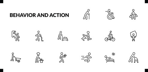 outline behavior and action icons set. editable linear man on wheelchair, shopper man, man painting wall, and other 12 icons in this category isolated on transparent background.