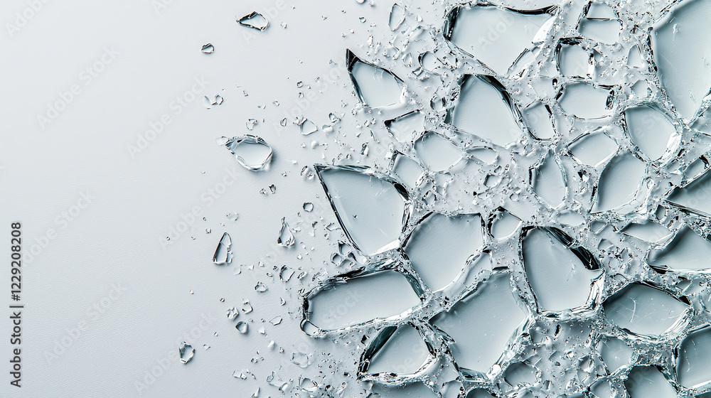 Poster Shattered glass pieces scattered on smooth surface, creating abstract pattern. light reflects off glass, enhancing its sharp edges and transparency