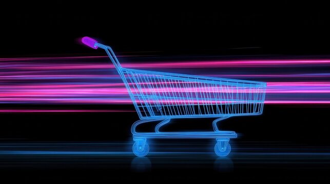 Neon Blue Shopping Cart with Pink Light Trails on Black Background - Powered by Adobe