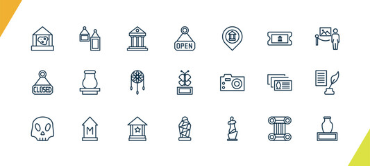 outline museum and exhibition icons set. editable linear acrylic, museum building, open, and other 18 icons in this category isolated on transparent background.