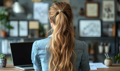 Blonde woman with long hair in denim jacket, sitting at desk with laptop, surrounded by plants and artwork in cozy workspace