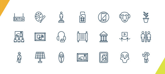 outline museum and exhibition icons set. editable linear palette, statue, archivist, and other 18 icons in this category isolated on transparent background.