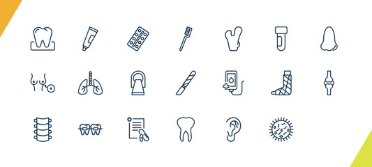 outline medical icons set. editable linear ointment, tablets, tooth brush, and other 18 icons in this category isolated on transparent background.
