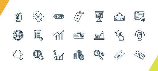 outline marketing icons set. editable linear ratio, off, price, and other 18 icons in this category isolated on transparent background.