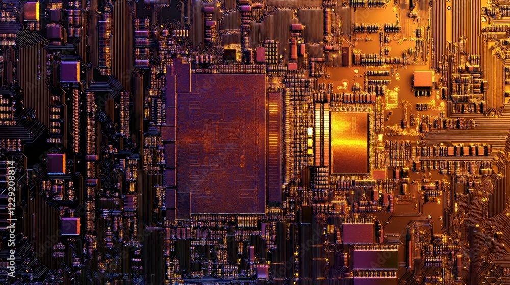 Poster microchip with intricate details and illuminated circuits
