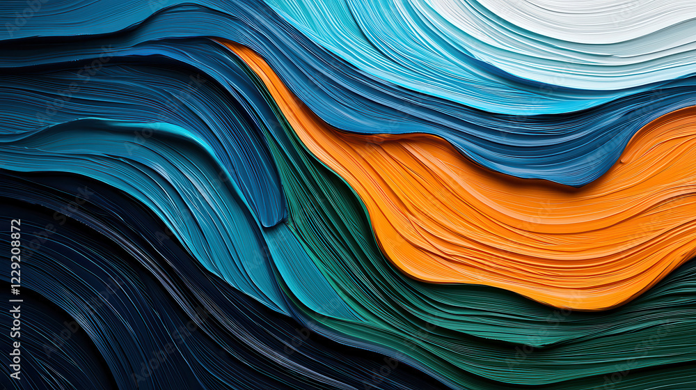 Poster Vibrant abstract artwork featuring flowing waves of color in blue, orange, and green, creating visually striking composition that evokes emotion and movement