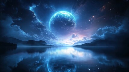 Fototapeta premium Celestial Reflection: A mesmerizing digital artwork depicting a vibrant blue planet rising above a tranquil lake, its ethereal glow reflected in the still water.