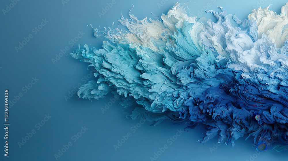 Poster abstract energetic explosion of color and form radiates in shades of blue and white, creating dynamic and captivating visual experience
