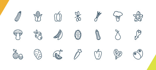 outline vegetables and fruits icons set. editable linear corn, bell pepper, olive, and other 18 icons in this category isolated on transparent background.