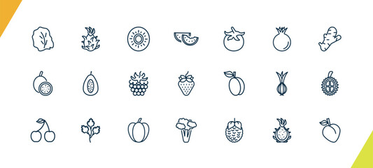 outline vegetables and fruits icons set. editable linear pitaya, kiwi, watermelon, and other 18 icons in this category isolated on transparent background.