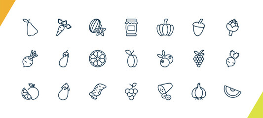 Obraz premium outline vegetables and fruits icons set. editable linear carrot, carambola, mason jar, and other 18 icons in this category isolated on transparent background.