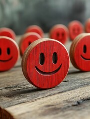 Dissatisfied consumers depicted by red wooden sad face emoticons representing customer dissatisfaction and service rating issues