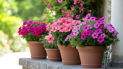 Obraz premium Colorful petunias in pots on terrace, closeup