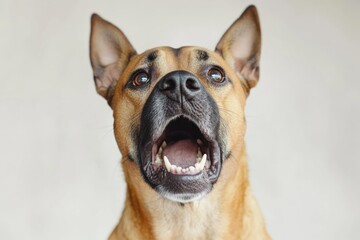A dog opens its mouth wide in surprise or excitement