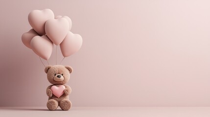 Obraz premium Heartwarming teddy bear holding heart celebratory atmosphere photograph soft pink background close-up view love and affection theme