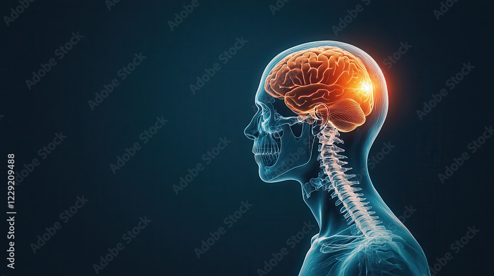 Poster x ray image of human skull and brain, showcasing detailed anatomy and neural activity. glowing brain