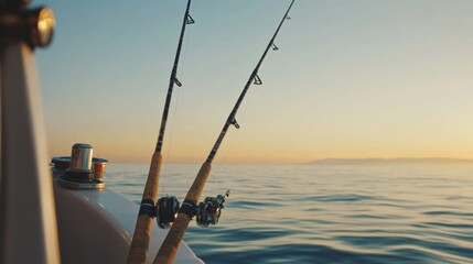 Obraz premium Sea fishing scene. Featuring fishing rods and tackle on a boat. Highlighting patience and skill. Ideal for outdoor magazines. Detailed view of fishing rods on boat, calm sea, horizon, serene setting.
