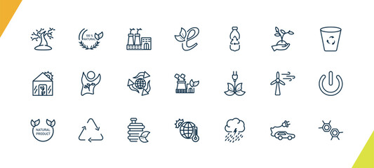 outline ecology icons set. editable linear 100 % natural badge, eco factory, eco e, and other 18 icons in this category isolated on transparent background.