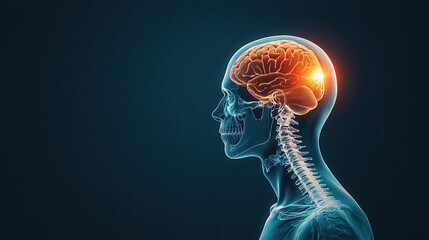 X ray image of human skull and brain, showcasing detailed anatomy and neural activity. glowing brain highlights areas of interest, emphasizing complexity of human body
