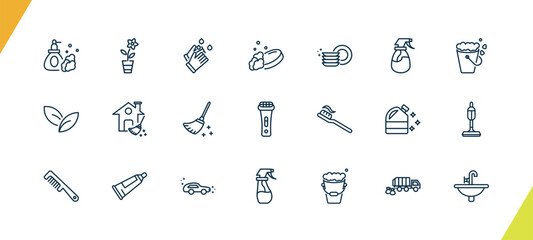 outline cleaning icons set. editable linear rose cleanin, hands cleanin, soap cleanin, and other 18 icons in this category isolated on transparent background.