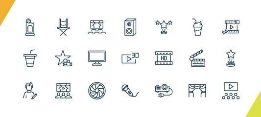 outline cinema and theater icons set. editable linear director film chair, movie theater, loud woofer box, and other 18 icons in this category isolated on transparent background.