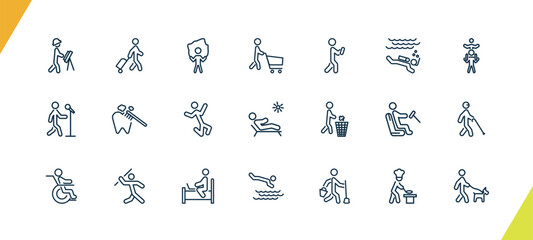 Obraz premium outline behavior and action icons set. editable linear man travelling, rope jumping, man shopping, and other 18 icons in this category isolated on transparent background.