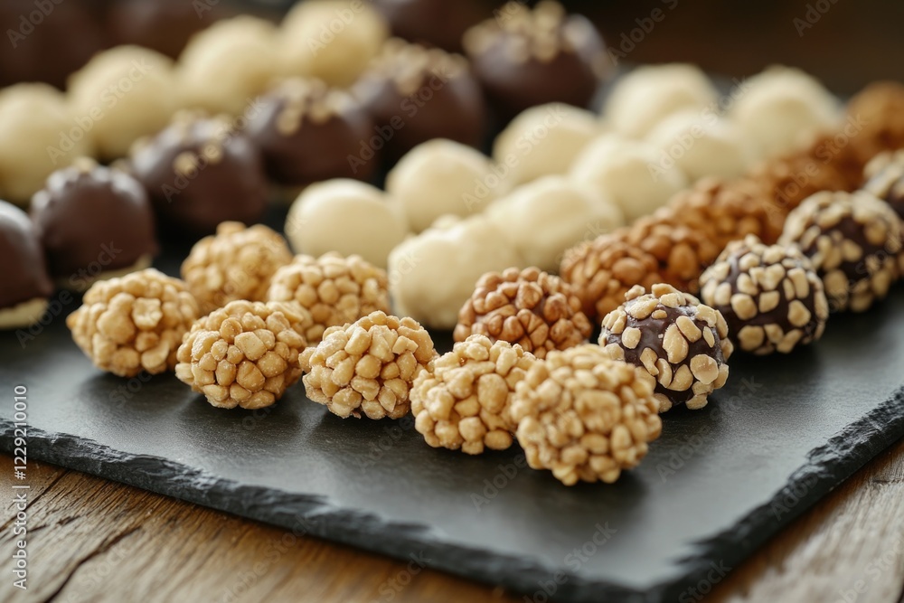 Aufkleber a tray with various types of chocolates arranged neatly on a table