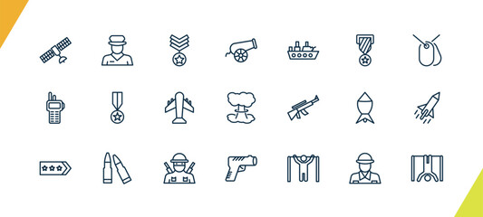 outline military and war and icons set. editable linear officer, militar in, canon, and other 18 icons in this category isolated on transparent background.
