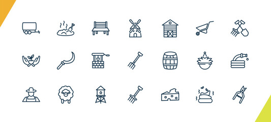 outline agriculture and farm icons set. editable linear manure, garden bench, flour mill, and other 18 icons in this category isolated on transparent background.