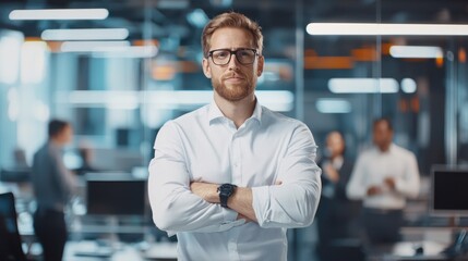Fototapeta premium A confident man in glasses stands with arms crossed in a modern office space, showcasing a professional atmosphere.