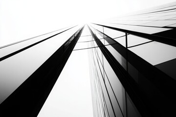 Obraz premium Abstract View of Modern Skyscrapers Reaching Towards the Sky, Capturing the Essence of Urban Architecture in a Minimalist Style with a Monochromatic Tone