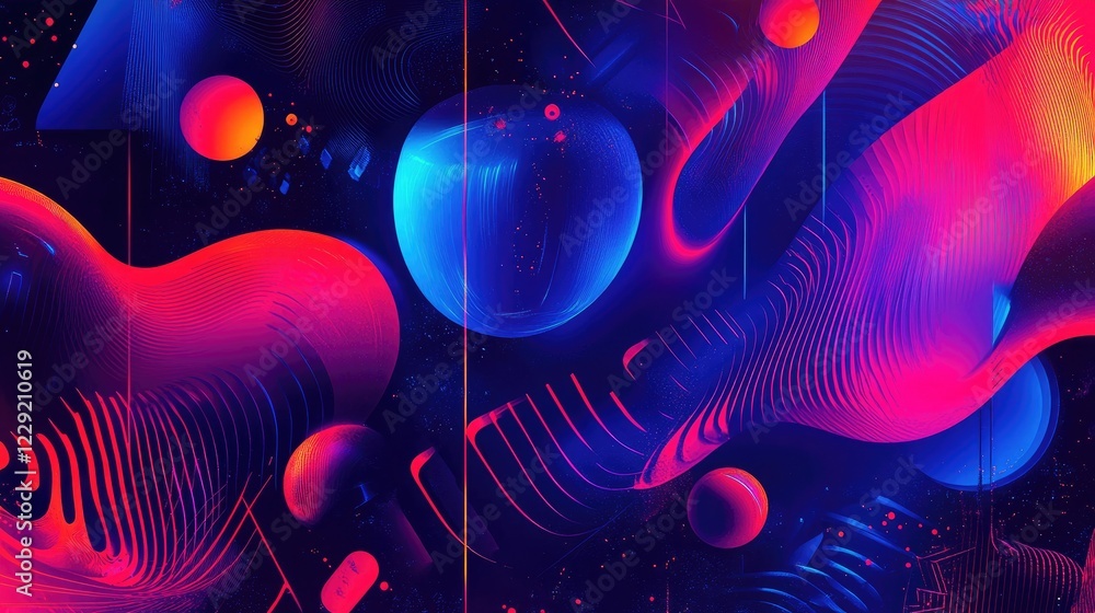 Poster neon-colored digital patterns with glowing geometric designs, creating a bold and futuristic atmosph