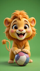 Fototapeta premium Adorable Baby Lion Cub Holding Soccer Ball 3d Render