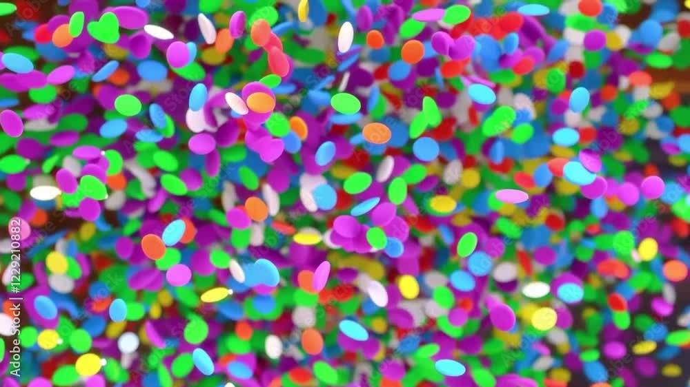 Wall mural focus on a dramatic slow-motion sequence of the double burst of colorful confetti particles, zooming