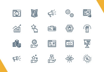 outline marketing icons set. editable linear gazette, promote, service, and other 17 icons in this category isolated on transparent background.