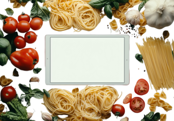  a tablet with a white screen surrounded by fresh vegetables and pasta isolated on a transparent background