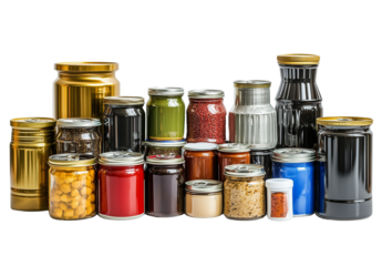 a various cans, jars, and bottles with food items isolated on a transparent background