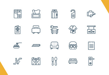 outline hotel and restaurant icons set. editable linear napkins, elevator, door hanger, and other 17 icons in this category isolated on transparent background.