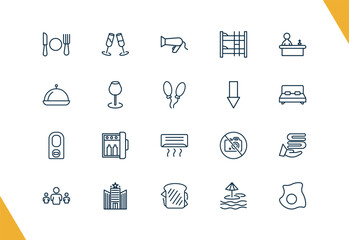 outline hotel and restaurant icons set. editable linear champagne, hairdryer, bunk, and other 17 icons in this category isolated on transparent background.