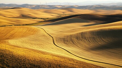 Fototapeta premium Rolling Hills of Tuscany: A picturesque landscape of golden, undulating hills under a soft light, showcasing the beauty of the Tuscan countryside. A winding path adds depth and intrigue to the scene.