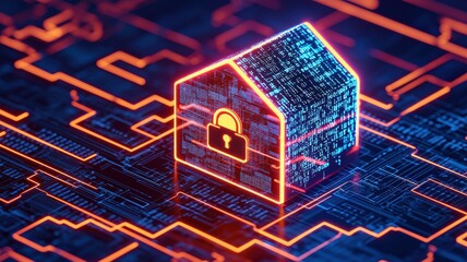 information knowledge privacy concept. A digital illustration of a secure house symbol, featuring a padlock, set against a background of glowing circuit patterns, representing cybersecurity.