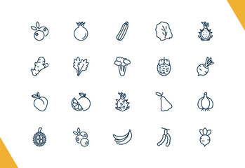 outline vegetables and fruits icons set. editable linear pomegranate, zucchini, lettuce, and other 17 icons in this category isolated on transparent background.