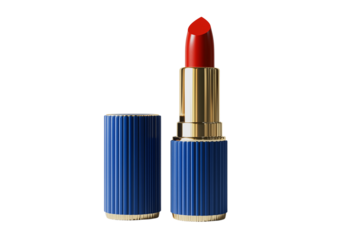  a vibrant red lipstick in its blue tube isolated on a transparent background