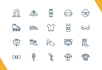 outline fashion and things icons set. editable linear firefighter hat, sportswear, sleeping mask, and other 17 icons in this category isolated on transparent background.