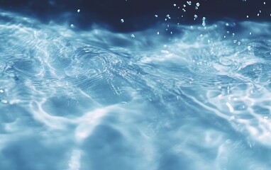 Abstract water surface with droplets splashing in blue water, ideal for nature and design concepts
