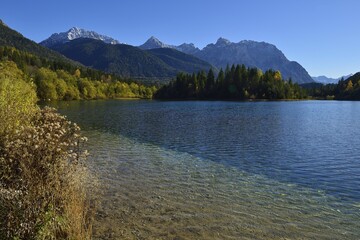 View over Isar reservoir, Sylvensteinspeicher, Karwendel mountains, Bavaria, Germany, Europe