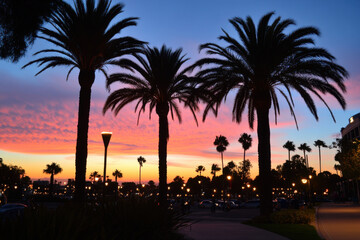 Fototapeta premium Palm trees silhouetted against a twilight sky, adding a tropical vibe