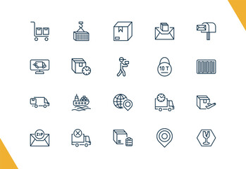 outline delivery and logistics icons set. editable linear container, package, air mail, and other 17 icons in this category isolated on transparent background.